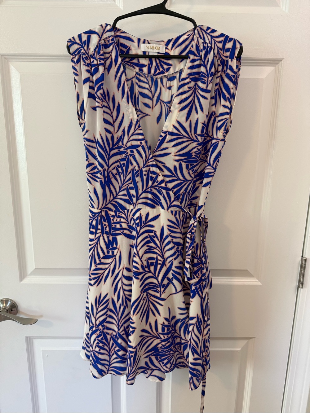 Yumi Kim White and Royal Blue Leaf-Print Wrap Dress